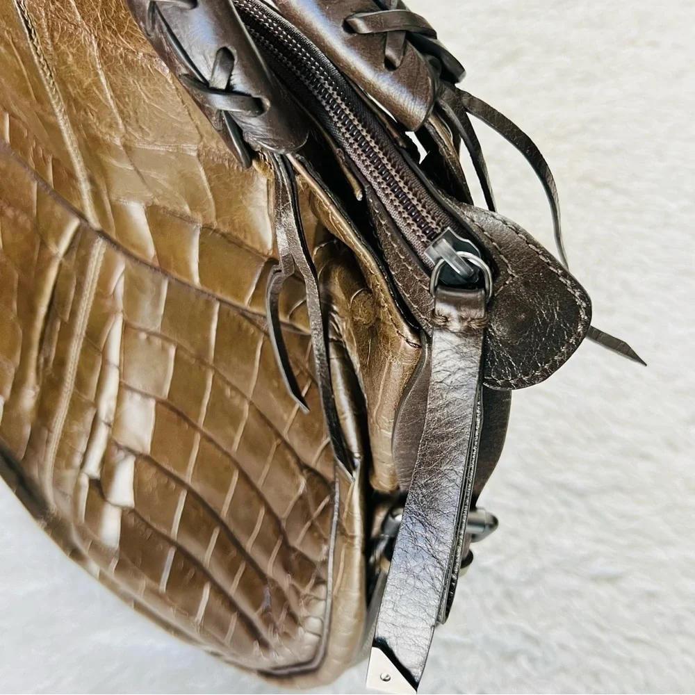 Francesco Biasia Italy Olive Crocodile Print Embossed Leather Large Bag